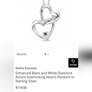Zales New In Box Sterling Silver Hearts Pendant With Black And White Diamonds